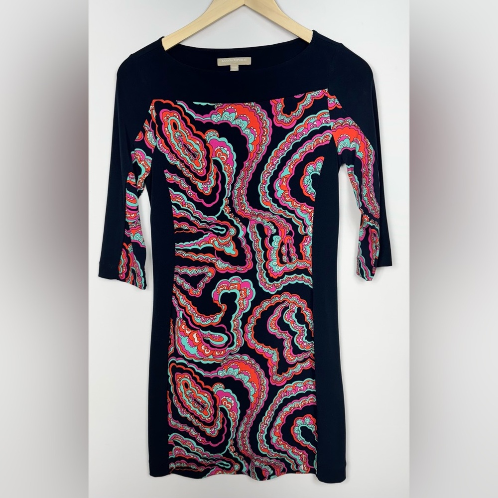 Banana Republic Black Paisley Color Block Boat Neck 3/4 Sleeve Sheath Dress XXS